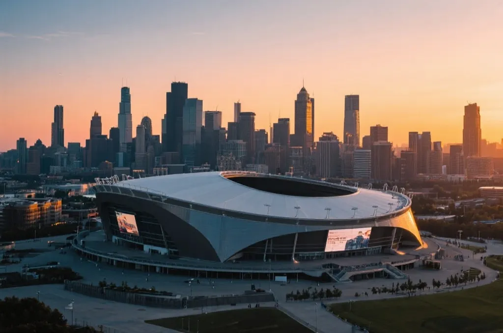 A scenic view of a North American city skyline with a sports arena at sunset