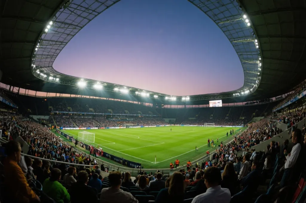 A wide shot of a modern, crowded soccer stadium at dusk with bright floodlights