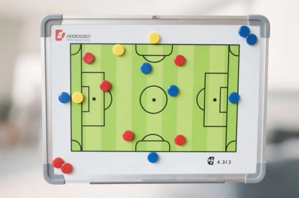 A soccer coach tactical board showing a 4-3-3 formation with colored pieces