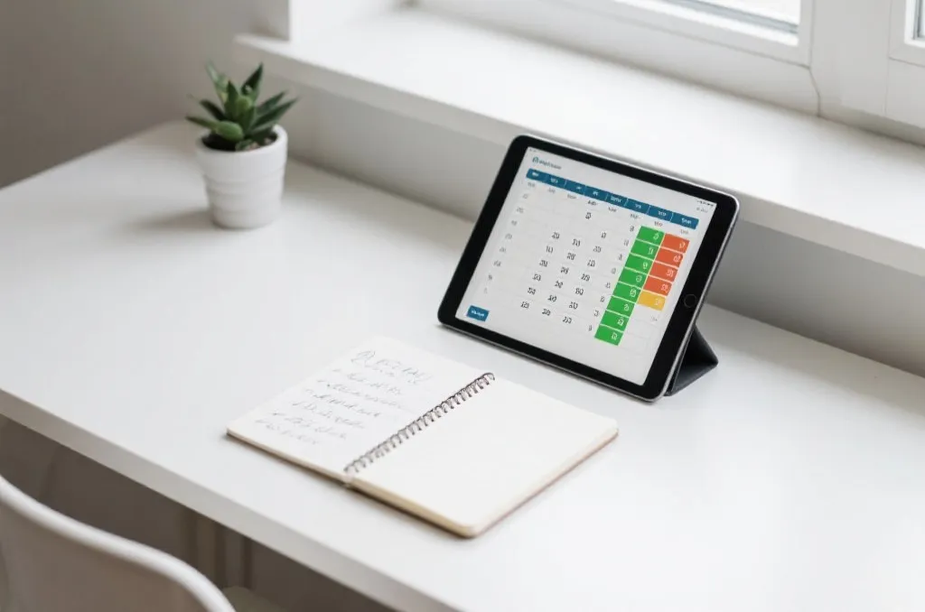 A clean desk setup with a tablet showing a generic sports schedule and a bottle of water