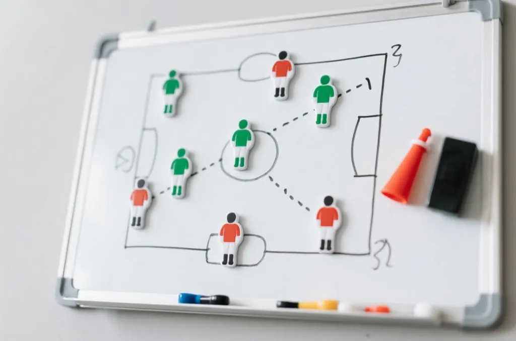 A close-up of a coach tactical whiteboard with drawn football plays and magnetic markers